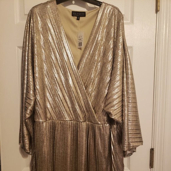 Eloquii Dress Pleated Kimono Sleeve Mini Silver/Gold Size 28 NWT - Picture 2 of 11